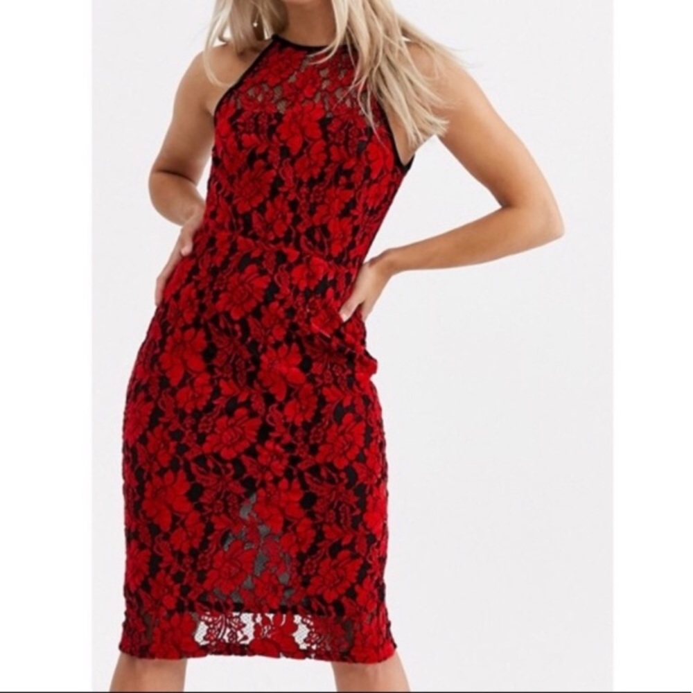 Paper Dolls red velvet high neck black lace dress